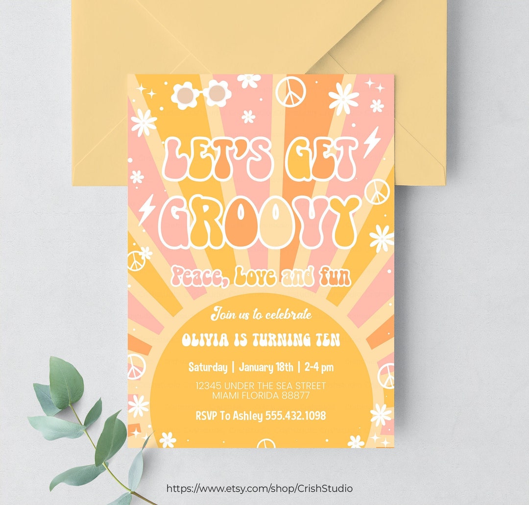 Groovy Birthday Invitation Two Groovy Editable Groovy One Birthday Five ...
