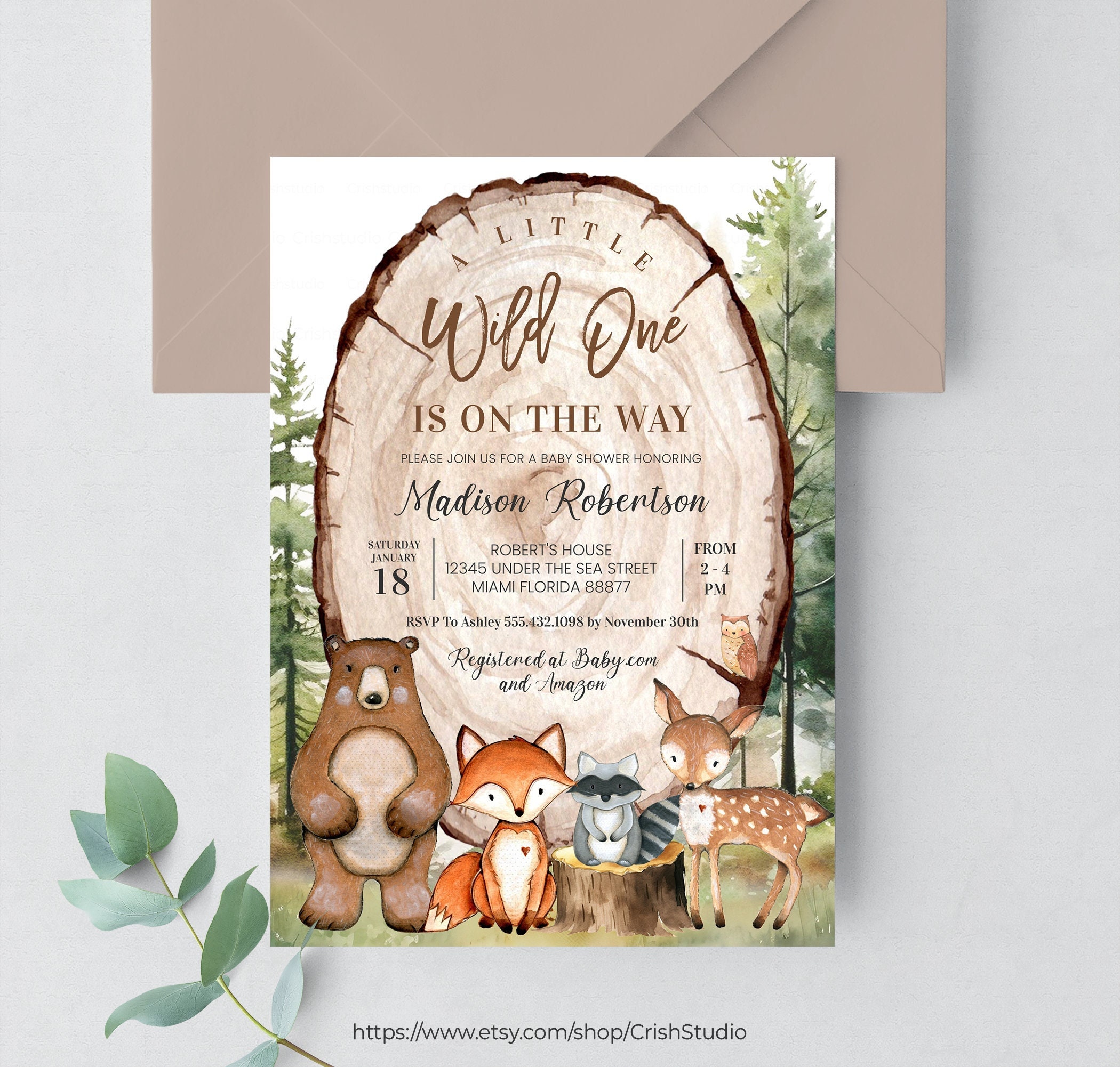 EDITIERBARE Wald-Babyparty-Babyparty-Einladung Es ist ein Junge Waldparty-Junge-Babyparty-Waldeinladung Waldbaby-W104