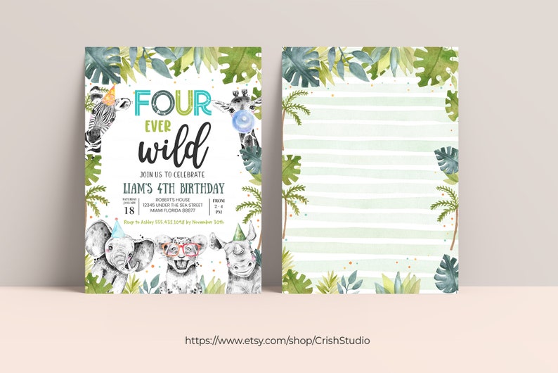 EDITABLE Four Ever Wild Birthday Invitation Four Year Old Boy Etsy