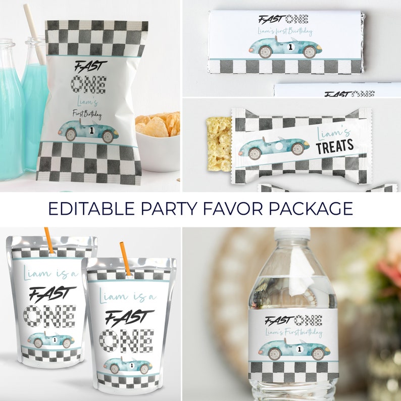 Peut inclure: Ensemble de cadeaux de f&ecirc;te &eacute;ditable sur le th&egrave;me de la course automobile. Comprend un sac &agrave; collation &agrave; carreaux noirs et blancs, une &eacute;tiquette pour bouteille d'eau, une &eacute;tiquette pour poche de jus, un emballage de barre chocolat&eacute;e et un sac &agrave; friandises. Les &eacute;tiquettes pr&eacute;sentent une voiture de course bleue avec le texte "Fast One" et "Liam's First Birthday".