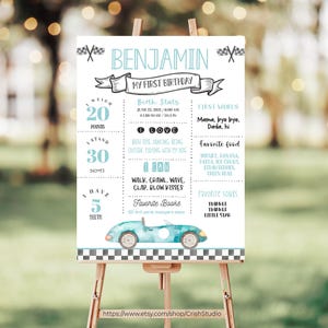 May include: A blue and white first birthday milestone poster for a baby boy named Benjamin. The poster features a blue race car with white wheels and a checkered flag background. The poster includes information about the baby's birth stats, favorite foods, songs, and activities.