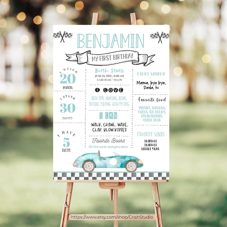 May include: A blue and white first birthday milestone poster for a baby boy named Benjamin. The poster features a blue race car with white wheels and a checkered flag background. The poster includes information about the baby's birth stats, favorite foods, songs, and activities.