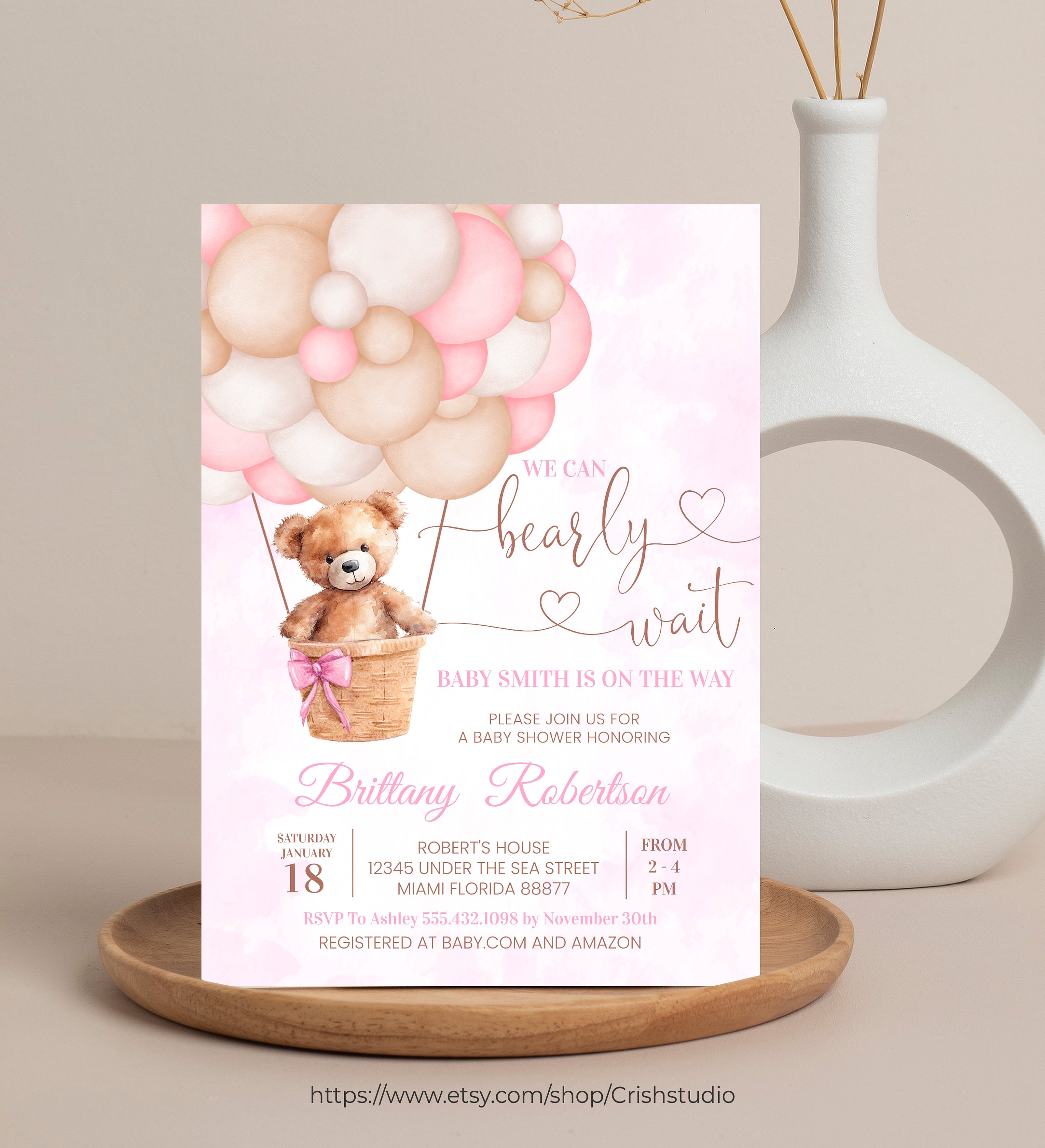 Editable We Can Bearly Wait Baby Shower Invitation Girl Teddy Bear Hot ...