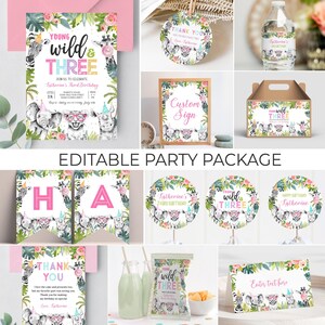 May include: Editable party package for a girl's third birthday with a jungle theme. The package includes a banner, invitations, cupcake toppers, water bottle labels, favor bags, a thank you card, and a sign. The design features pink, green, and white colors with illustrations of animals like elephants, zebras, and rhinos.