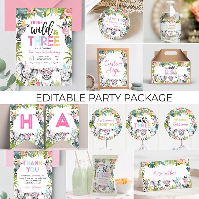May include: Editable party package for a girl's third birthday with a jungle theme. The package includes a banner, invitations, cupcake toppers, water bottle labels, favor bags, a thank you card, and a sign. The design features pink, green, and white colors with illustrations of animals like elephants, zebras, and rhinos.