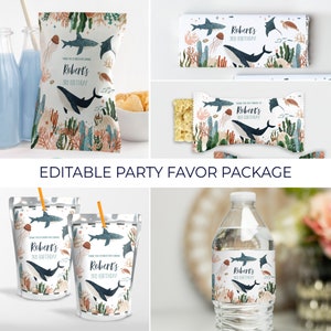 May include: Editable party favor package with an ocean theme. The package includes a snack bag, a candy bar wrapper, a juice pouch, a water bottle label, and a favor bag. The design features a whale, a shark, a jellyfish, and coral. The text on the labels says "Robert's 3rd Birthday".