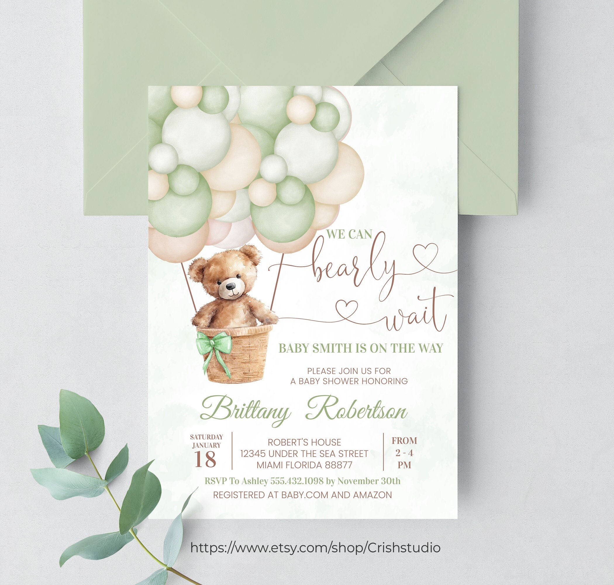Editable We Can Bearly Wait Baby Shower Invitation Teddy Bear Sage Hot ...