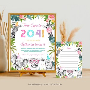 May include: A printable time capsule sign with a jungle theme. The sign features a zebra, giraffe, elephant, lion, and rhinoceros. The sign says "Time Capsule 2041 To Be Opened When Katherine Turns 18".