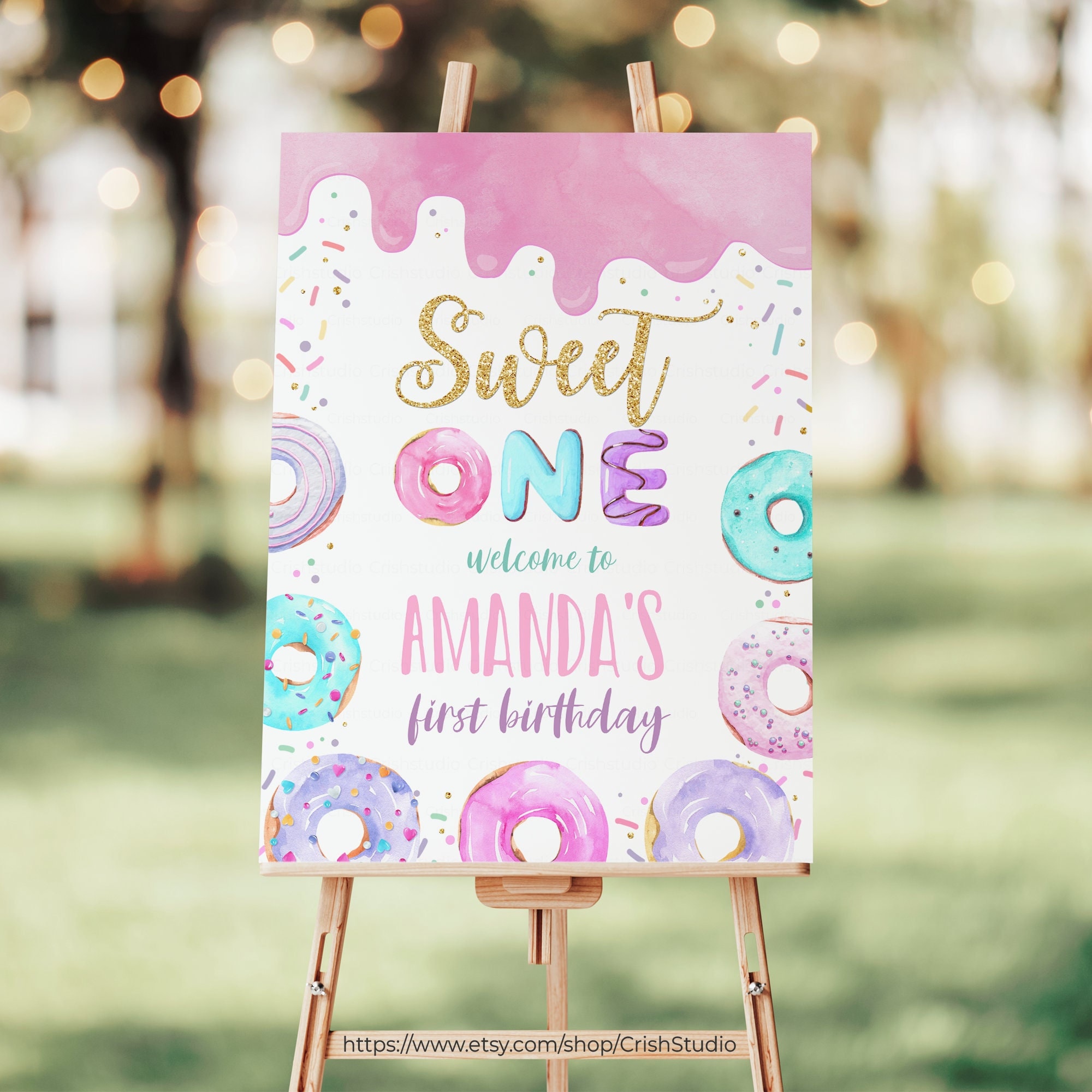 KUNGOON Sweet One Geburtstags-Banner – Eiscreme-Donut-Design, Für 1. Geburtstag & Babyparty, Rosa