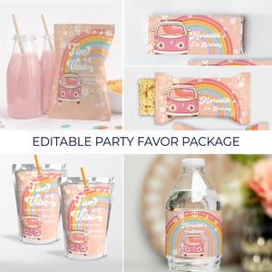 May include: Editable party favor package with a rainbow and peace sign theme. The package includes a juice box, a water bottle, a snack bag, and a candy bar. The labels feature a pink van with flowers and the text "Five is a Vibe" and "Meredith's 5th Birthday".