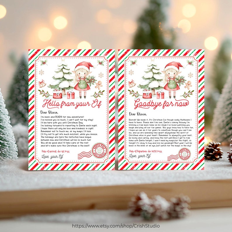 May include: Two printable letters from an elf to a child named Olivia. The letters are decorated with a red and green striped background, a snowy forest scene, and a small elf holding a gift. The first letter says "Hella from your Elf" and the second letter says "Goodbye for now".