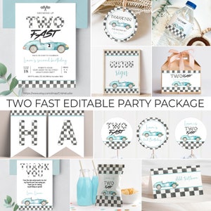 Editable Two fast Party Decorations Racecar Package Birthday Racing car Vintage Boy Bundle Party Package Template Instant Download R102
