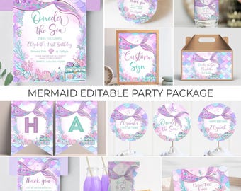 Editable Oneder The Sea Birthday Package Mermaid Decorations Watercolor Mermaid Mermaid Tail Under The Sea Birthday Barnyard Birthday M301