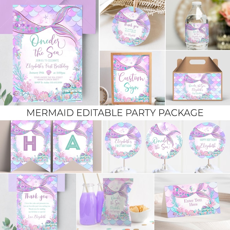 Peut inclure: Un ensemble de f&ecirc;te sur le th&egrave;me de la sir&egrave;ne avec une vari&eacute;t&eacute; d'articles imprimables, y compris des invitations, des banni&egrave;res, des d&eacute;corations de cupcakes, des sacs &agrave; cadeaux et des &eacute;tiquettes pour bouteilles d'eau. Le design pr&eacute;sente un sch&eacute;ma de couleurs violet et turquoise avec une queue de sir&egrave;ne, des coquillages et d'autres &eacute;l&eacute;ments sur le th&egrave;me de l'oc&eacute;an. Le texte sur l'invitation indique "Oneder the Sea" et "Elizabeth's First Birthday".