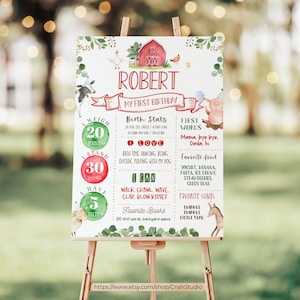May include: A green, red, and white first birthday sign with a farm theme. The sign says "Robert My First Birthday" and includes details like weight, height, and favorite foods.