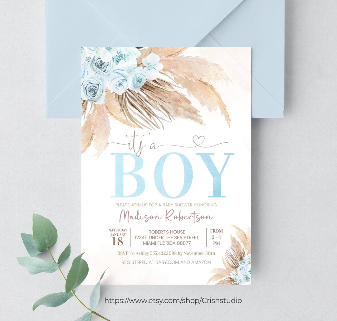 Editable Boho Pampas Grass Baby Shower Invitation Bohemian BOY Baby ...