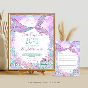 Peut inclure: Une affiche imprimable de capsule temporelle avec une queue de sir&egrave;ne et des coquillages. L'affiche indique "Time Capsule 2041 &Agrave; ouvrir quand Elizabeth aura 18 ans".
