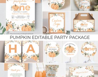 May include: A printable pumpkin-themed party package for a first birthday. The package includes a variety of items, such as invitations, banners, cupcake toppers, favour bags, and thank you cards. The design features a watercolour pumpkin with floral accents in shades of orange, green, and white.