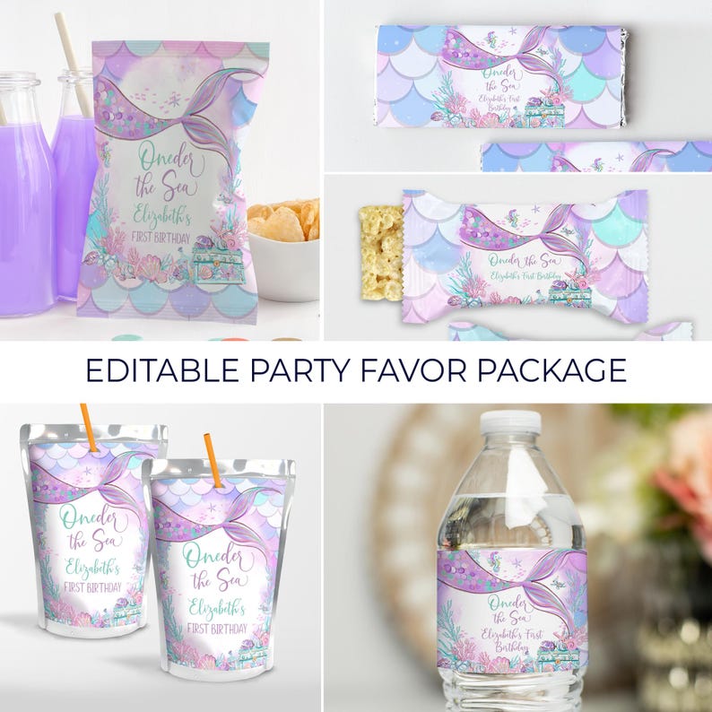 Peut inclure: Ensemble de faveur de f&ecirc;te imprimable sur le th&egrave;me de la sir&egrave;ne. L'ensemble comprend des &eacute;tiquettes pour les bouteilles d'eau, les bo&icirc;tes de jus, les sacs &agrave; collation et les sacs &agrave; bonbons. Les &eacute;tiquettes pr&eacute;sentent une queue de sir&egrave;ne, des coquillages et le texte "Oneder the Sea Elizabeth's First Birthday".