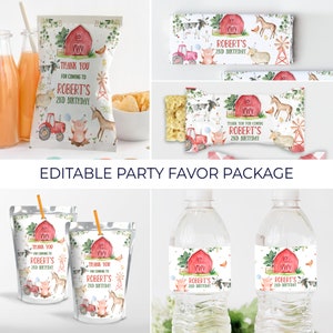 May include: Editable party favor package with a farm theme. Includes labels for juice boxes, water bottles, snack bags, and treat bags. The labels feature a red barn, farm animals, and the text "Thank you for coming to Robert's 2nd Birthday".
