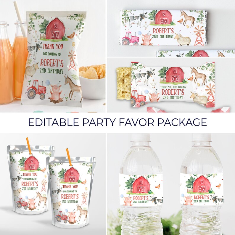 May include: Editable party favor package with a farm theme. Includes labels for juice boxes, water bottles, snack bags, and treat bags. The labels feature a red barn, farm animals, and the text "Thank you for coming to Robert's 2nd Birthday".