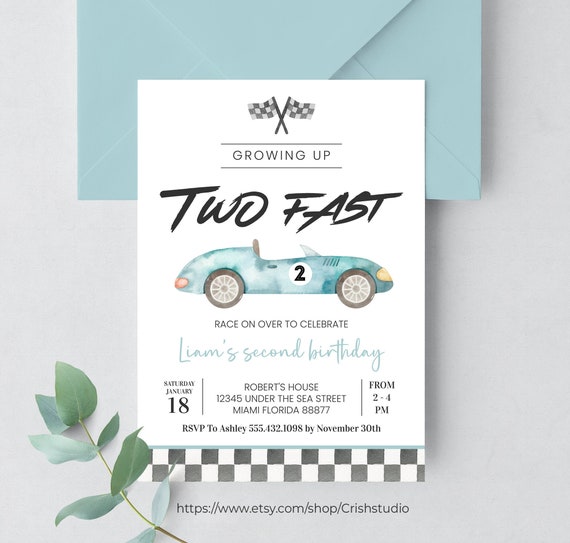 Editable TWO Fast Birthday Invitation Race Car 2nd Birthday Invite Racing Car Vintage Racecar Printable Template Instant Download, R101
