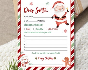 May include: A printable Christmas letter to Father Christmas with a red and white striped border. The letter includes a space for the child's name, age, and a section to list their Christmas wishes. The letter also includes a section for the child to indicate whether they have been good or naughty this year. The letter is decorated with a cartoon image of Father Christmas and snowflakes.