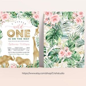 May include: Baby shower invitation with a jungle theme. The invitation features the text "A Little Wild One" in gold and pink, with illustrations of animals and tropical leaves. The invitation is 5x7 inches.