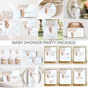 May include: A baby shower party package with a blue and brown color scheme. The theme is a teddy bear in a hot air balloon. The package includes invitations, thank you cards, cupcake toppers, a welcome sign, a diaper raffle sign, a cards and gifts sign, a thank you sign, a menu, a sweet treats sign, a food sign, a drinks sign, and a water bottle label. The text on the invitations says "We can bearly wait" and "Baby shower on the way".