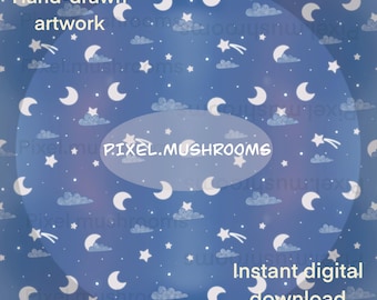May include: A seamless pattern featuring a blue background with white stars, crescent moons, and clouds. The text "PIXEL.MUSHROOMS" is in the center of the pattern. The text "Hand-drawn artwork" is in the top left corner. The text "Instant digital download" is in the bottom right corner.