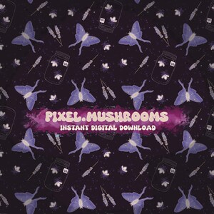 Op de afbeelding: Een naadloos patroon met paarse motten, lavendeltakjes en potten met vuurvliegjes op een donkerpaarse achtergrond met witte stippen. De tekst "PIXEL.MUSHROOMS INSTANT DIGITAL DOWNLOAD" staat onderaan de afbeelding.