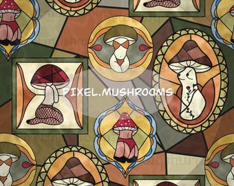 Cottagecore Stained Glass Mushroom Boudoir seamless digital file seamless pattern handdrawn