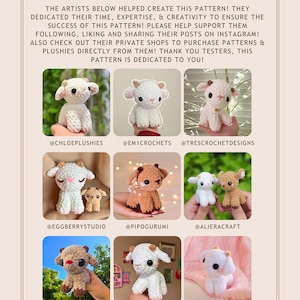 May include: A crochet pattern announcement featuring various handmade baby lamb and deer plushies. The text reads "Baby Lamb & Deer Crochet Pattern" and "Thank You Testers!" with Instagram handles of the creators.