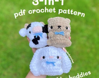 3 in 1 crochet amigurumi pdf pattern for cow, bunny, bear crochet plushie kawaii teddy rabbit plush