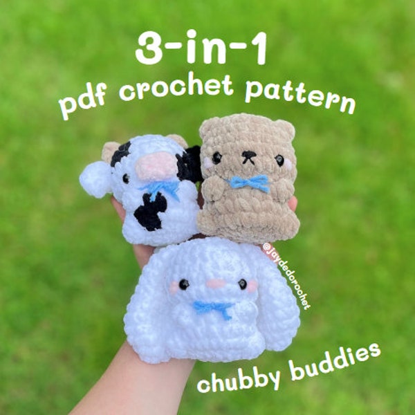 3 in 1 crochet amigurumi pdf pattern for cow, bunny, bear crochet plushie kawaii teddy rabbit plush