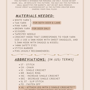 May include: A crochet pattern titled "Baby Lamb & Deer Crochet Pattern" with a cream-colored background. The text lists materials needed, including yarn, scissors, and a crochet hook. Abbreviations are also provided.