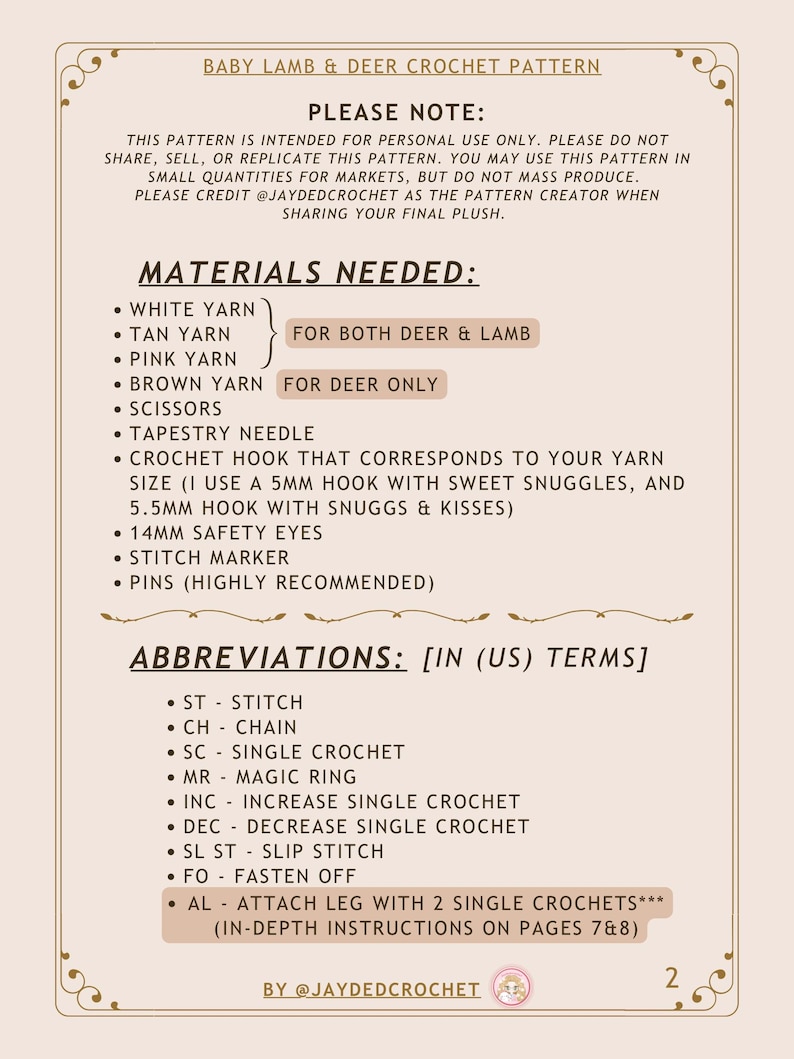 May include: A crochet pattern titled "Baby Lamb & Deer Crochet Pattern" with a cream-colored background. The text lists materials needed, including yarn, scissors, and a crochet hook. Abbreviations are also provided.