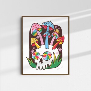 Trippy Mushroom Skull Colorful Illustration Art Print