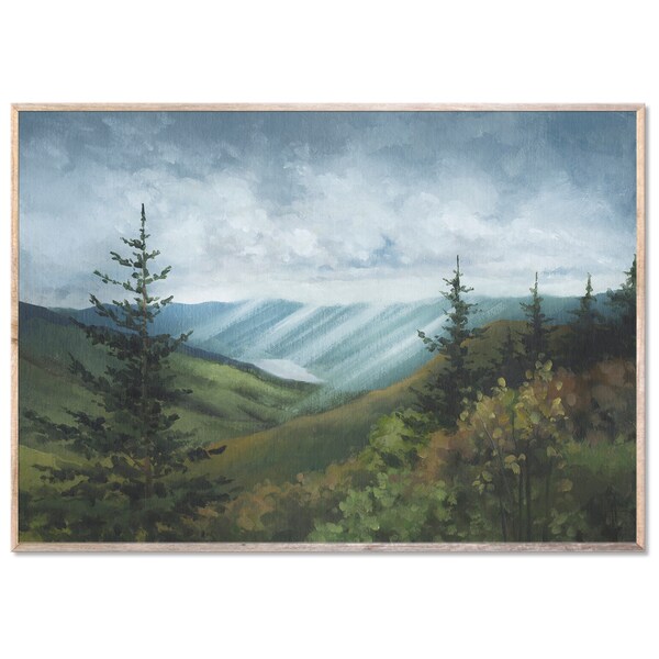 Appalachian Mountains Art Print Evergreen Forest Oil Painting Mountain Forest Wall Art Muted Clouds Poster Panoramic Landscape Wall Decor