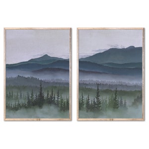 Mountain Forest Prints Set Of 2 Green Mountain Oil Painting Vermont Panoramic Landscape Art Print Pine Trees Wall Art by ForestArtPrint