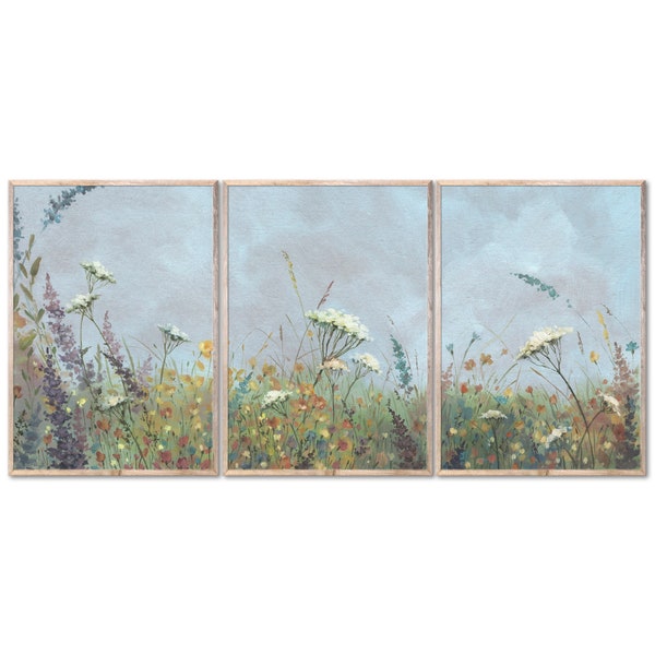 Wildflowers Set Of 3 Prints Meadow Flowers Oil Painting Botanical Poster Floral Wall Art Large Panoramic Landscape Art Print ForestArtPrint
