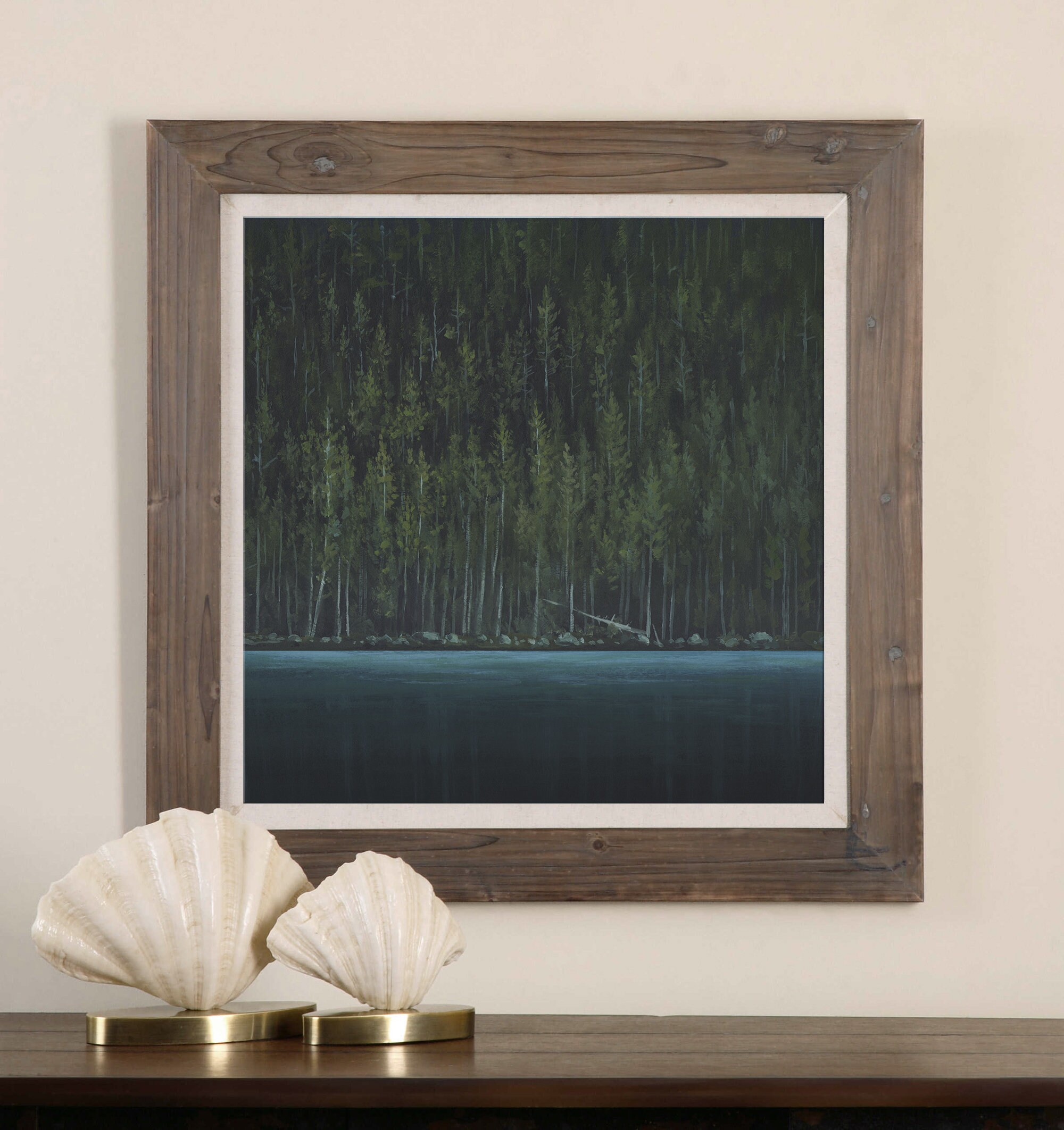 Green Lake Art Print Forest Lake Oil Painting Pine Trees Wall Etsy