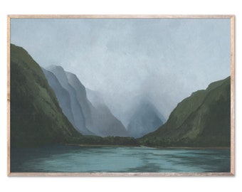 Mountain Lake Art Print Milford Sound Oil Painting New Zealand Landscape Wall Art Smoky Mountains Wall Decor Travel Print by ForestArtPrint