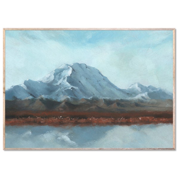 Denali Art Print Alaska Landscape Oil Painting Mountain Lake Wall Art Travel Poster Mount McKinley Art Sky Blue Terracotta by ForestArtPrint