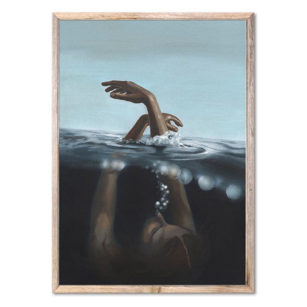 Mermaid Painting Swimmer Oil Painting Coastal Art Print Mermaid in Water Poster Sirena Wall Art Indigo Dark  Blue Wall Decor ForestArtPrint