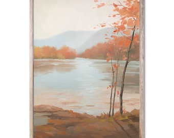 Autumn Lake Art Print Fall Landscape Oil Painting Vermont Scenery Wall Art Mountain Lake Poster Terracotta Wall Decor by ForestArtPrint