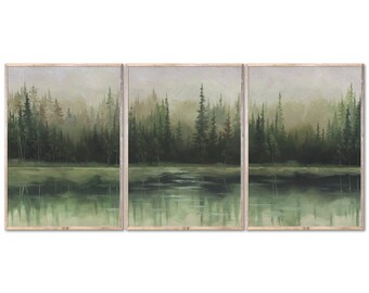 Lake Forest Park Art Prints Enchanted Forest Set Of 3 Prints Panoramic Landscape Oil Painting Evergreen Trees Poster Pines by ForestArtPrint