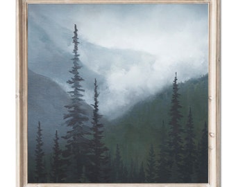 Dark Forest Art Print Evergreen Forest Oil Painting Mountain Forest Wall Art Pine Trees Green Mountains Misty Landscape by ForestArtPrint