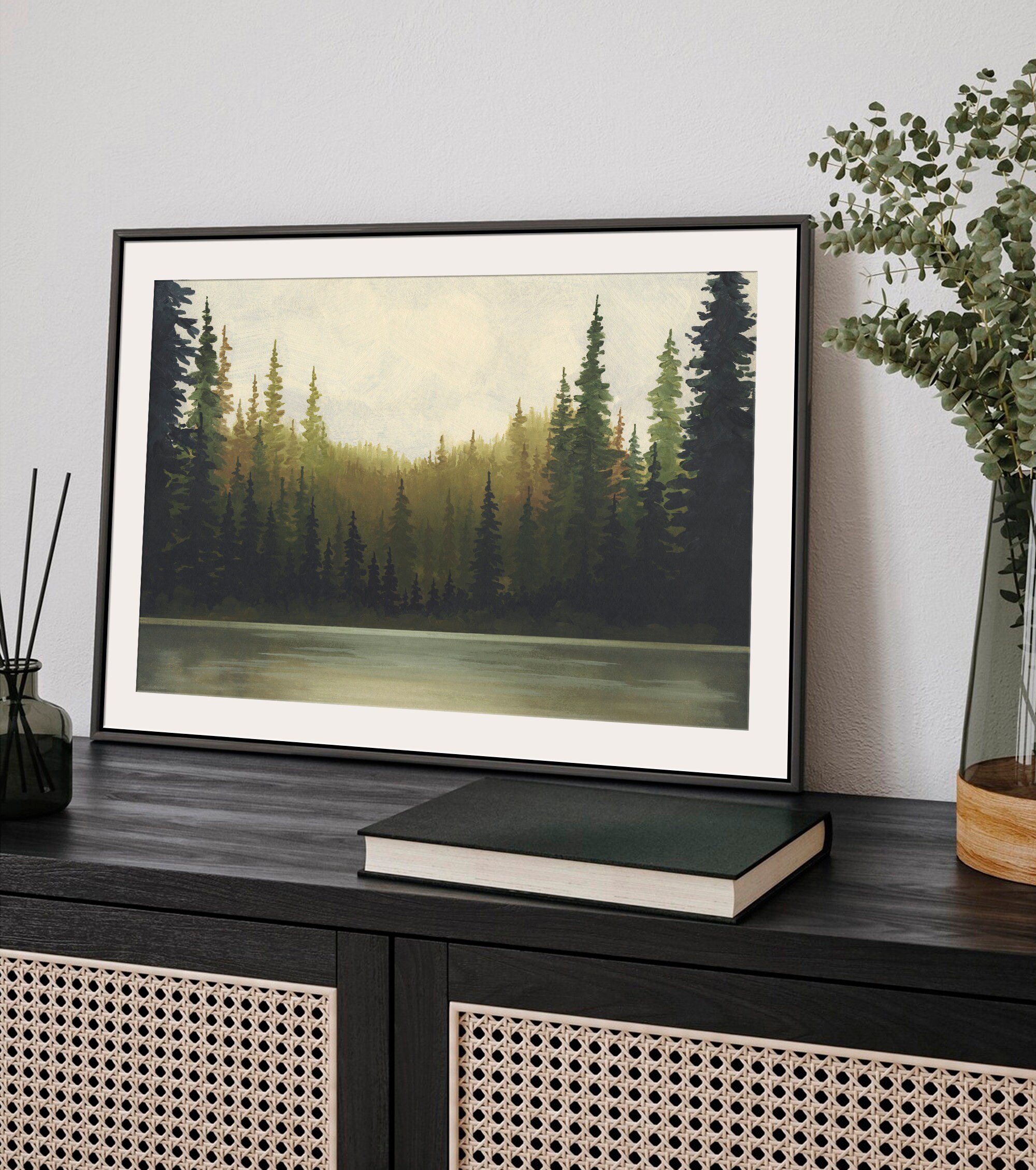Evergreen Forest Art Print Forest Lake Oil Painting Sunrise Lake Wall ...