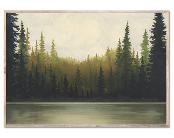 Evergreen Forest Art Print Forest Lake Oil Painting Sunrise Lake Wall Art Pine Trees Large Landscape Poster Olive Green by ForestArtPrint